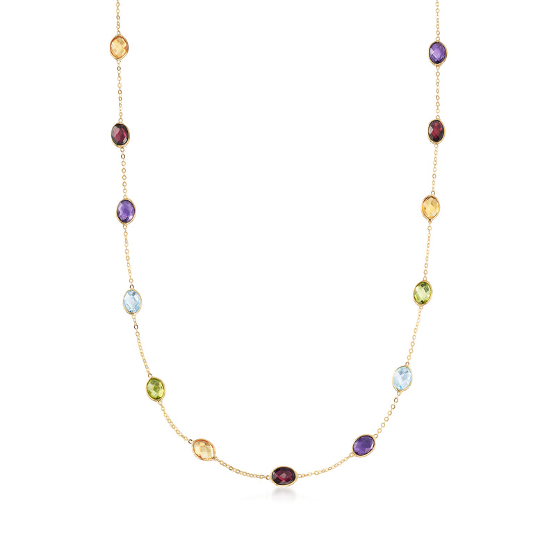 14kt yellow gold multi-gemstone station necklace with colorful round stones