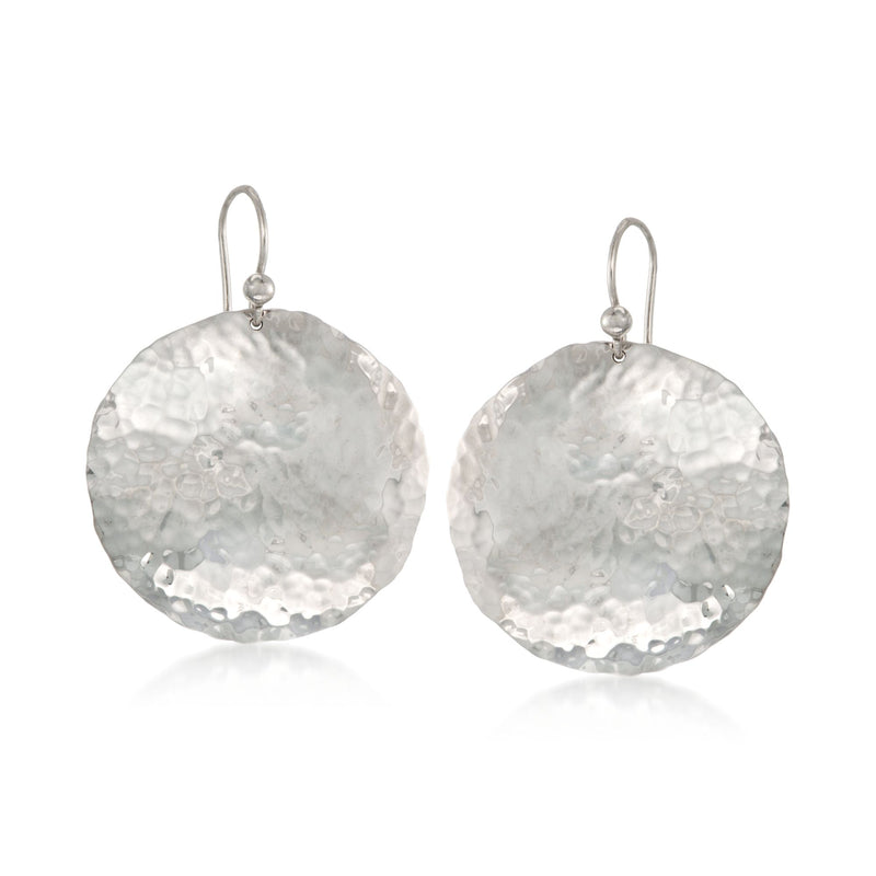 Hammered silver disc drop earrings with simple earwire hooks