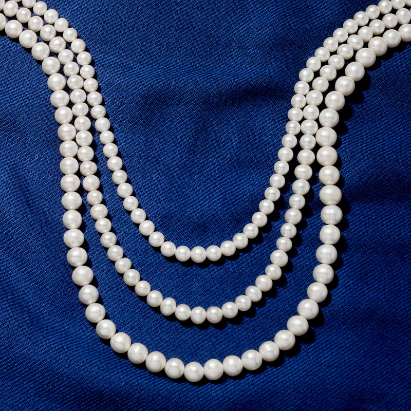 Cultured pearl three-strand necklace with evenly spaced round white pearls