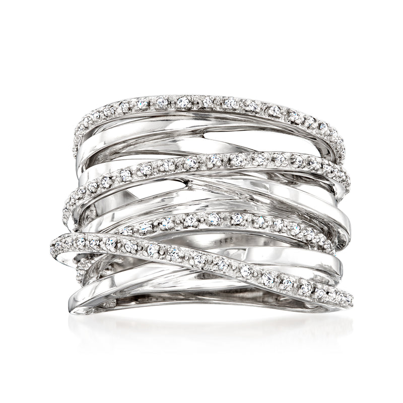 Sterling silver diamond highway ring with stacked ribbon bands and pave stones
