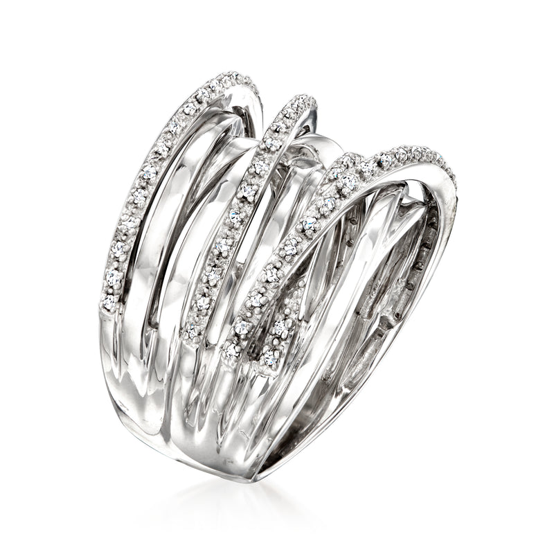 Sterling silver diamond highway ring side view with three rounded bands and pave