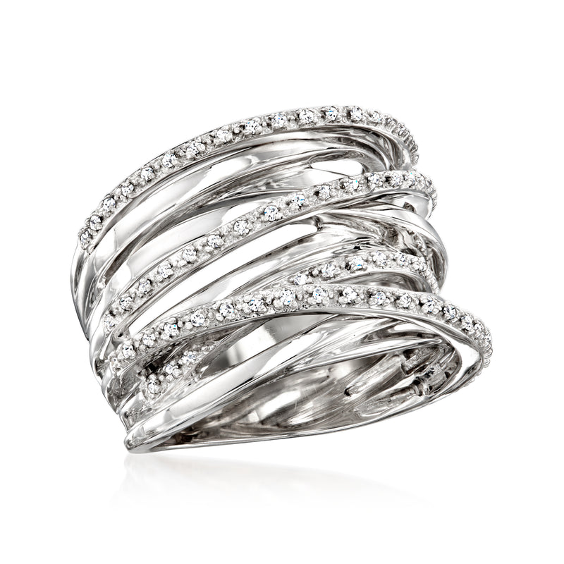 Sterling silver diamond highway ring angled view with prong-set pave rows
