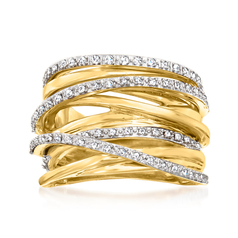 Gold over sterling diamond highway ring with three sculpted bands and clear stones