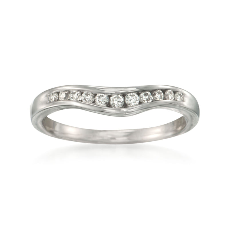 Curved 14kt white gold wedding ring with a center row of small round diamonds