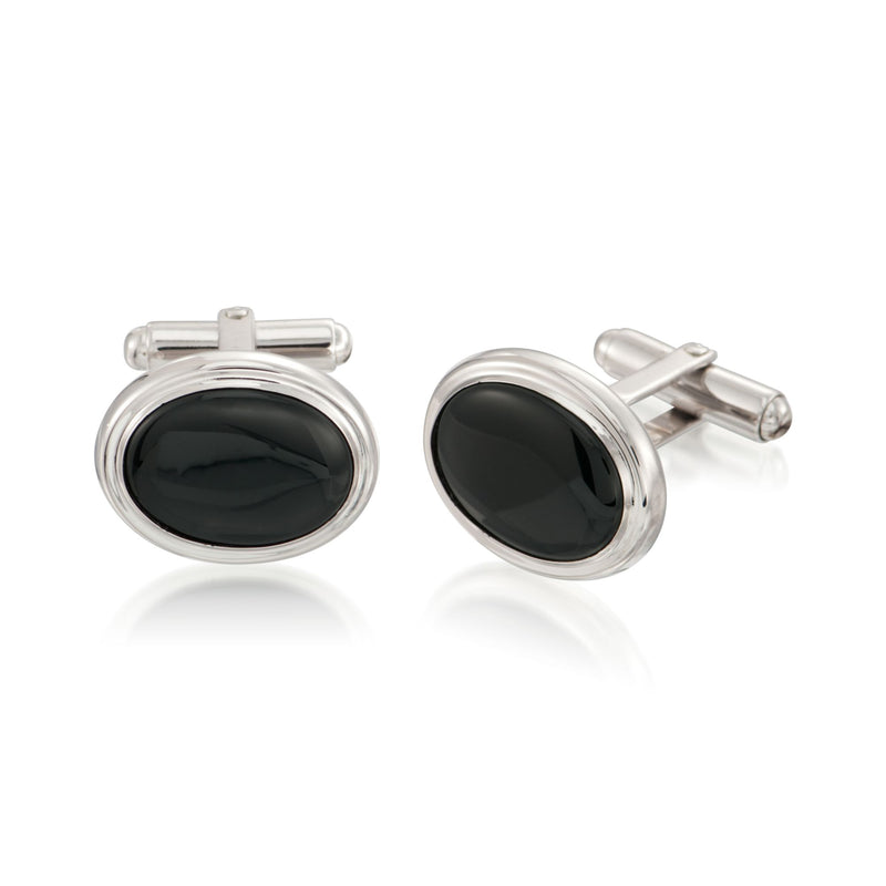Sterling silver cuff links with oval black onyx centers and hinged bar backs
