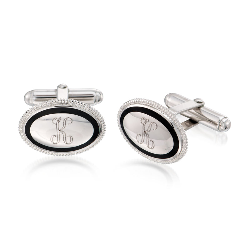 Oval sterling silver cuff links with black enamel and monogram initials