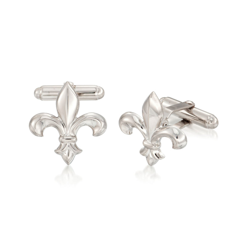 Sterling silver fleur-de-lis cuff links with polished latch bars and detailed emblem