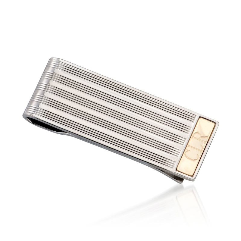 Sterling silver money clip with engraved line pattern and 14kt yellow gold letter inset