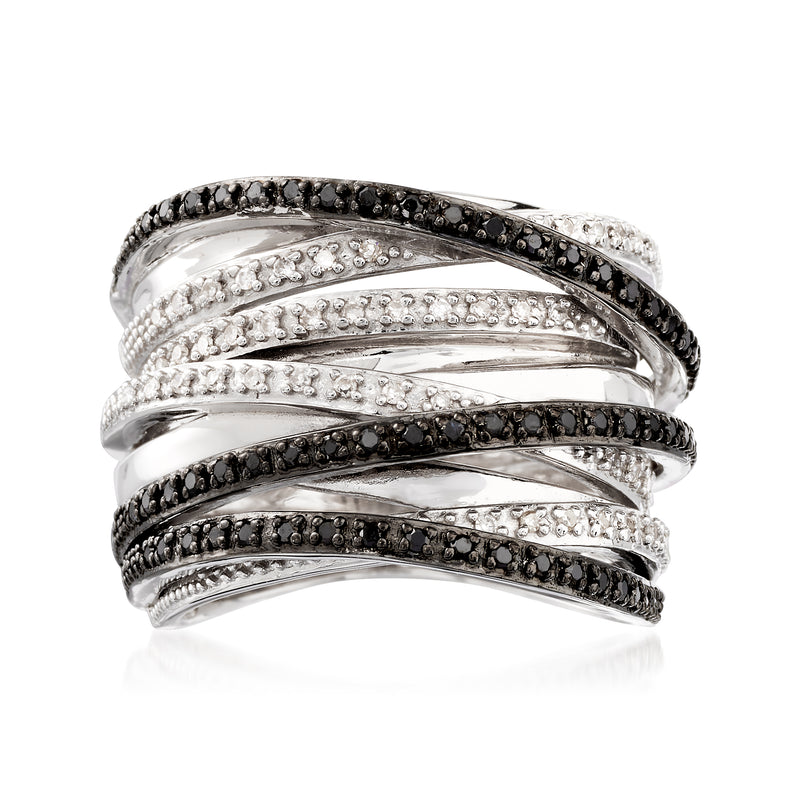 Sterling silver ring with black and white diamond bands