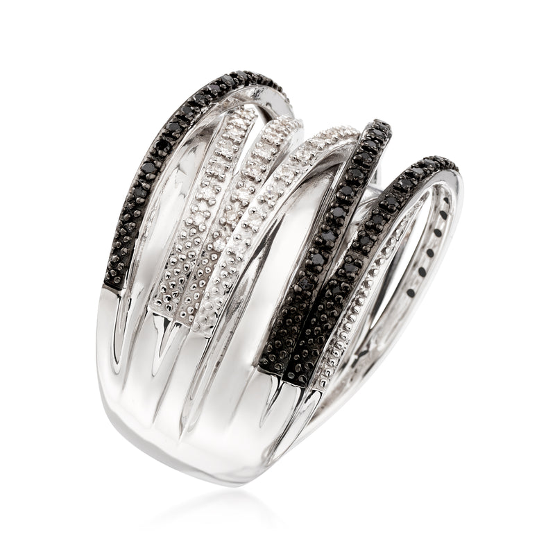 Sterling silver black and white diamond highway ring with split pavé bands