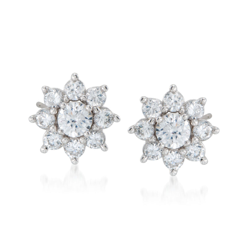 Sterling silver CZ stud earrings with halo jackets, round cluster of clear stones