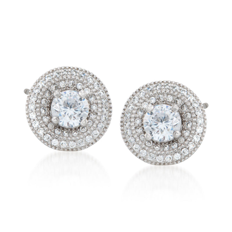 Sterling silver CZ stud earrings with round halo, clear center stones, paired set