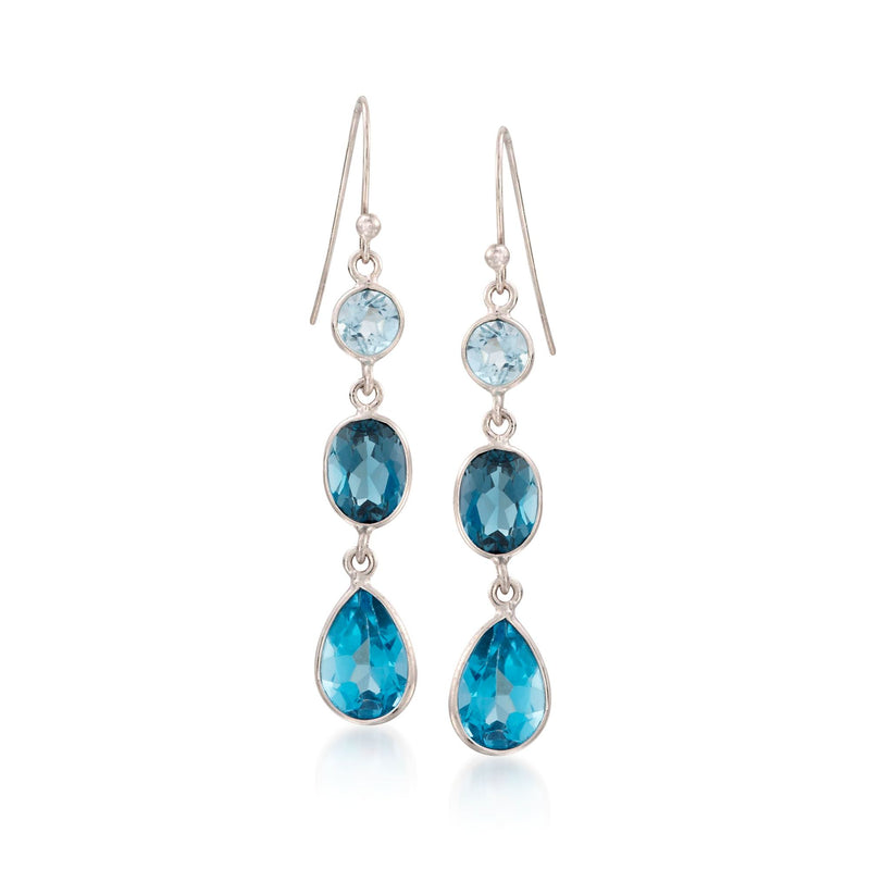 Sterling silver blue topaz drop earrings with three faceted stones