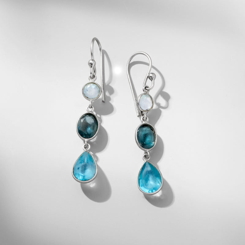 Sterling silver blue topaz drop earrings, side view with three faceted stones