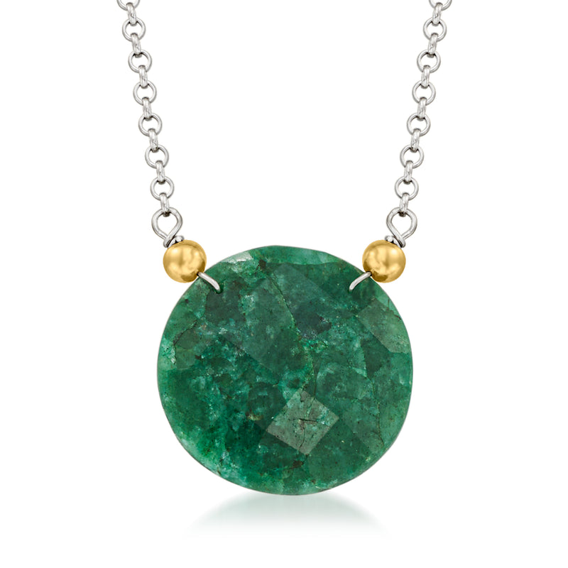 Round green emerald pendant necklace with 14kt yellow gold accents and silver chain