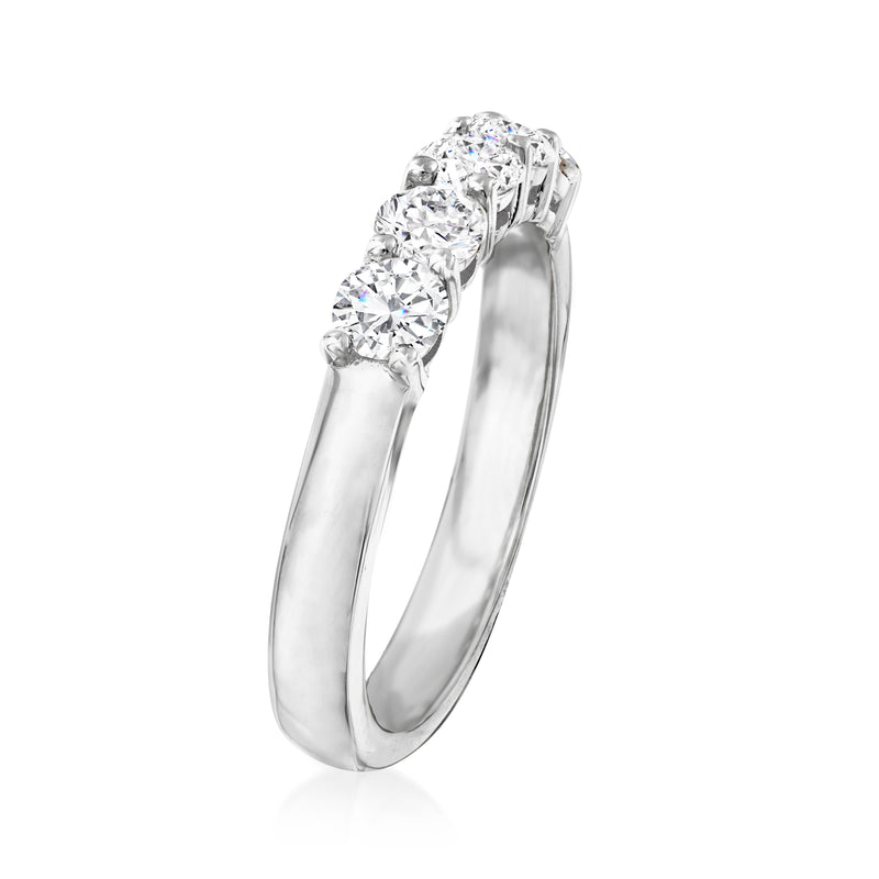 14k white gold diamond five-stone ring, side view with raised bezels