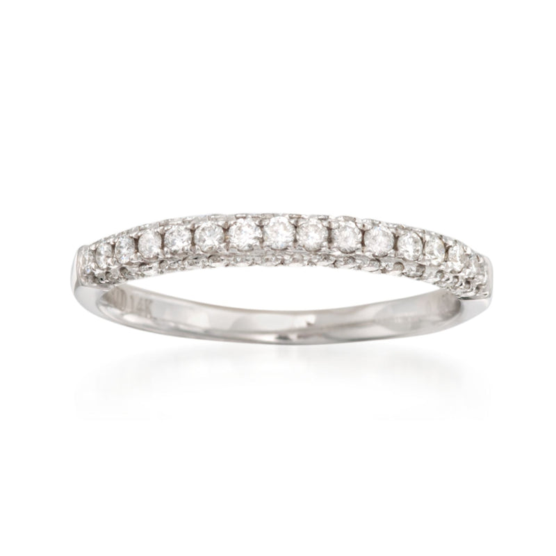 14kt white gold diamond wedding band with small round stones across the top