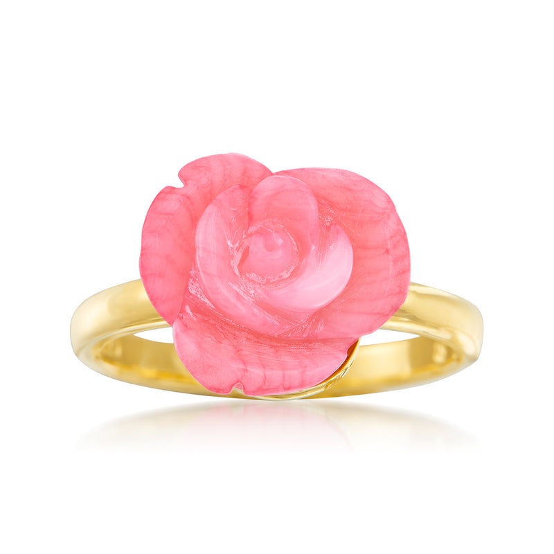 14kt gold over sterling ring with carved pink coral rose centerpiece