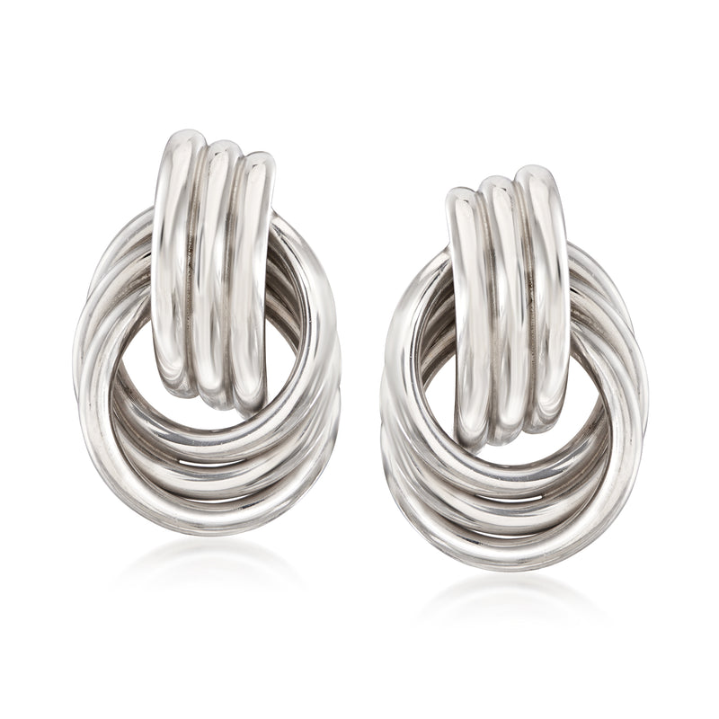 Sterling silver love knot stud earrings with coiled circular knot loops