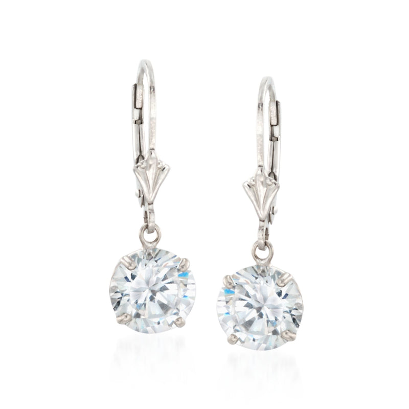 Sterling silver CZ round drop earrings with leverback, faceted clear stones