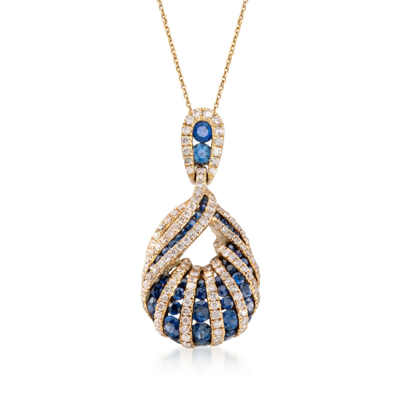 Teardrop sapphire and diamond pendant necklace in yellow gold