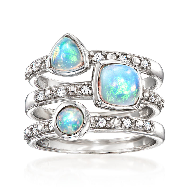 Sterling silver opal stackable ring set, three oval and round opal stones with clear accents