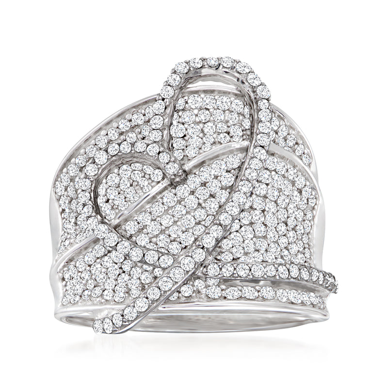Sterling silver diamond heart ring with pavé heart and crossover band