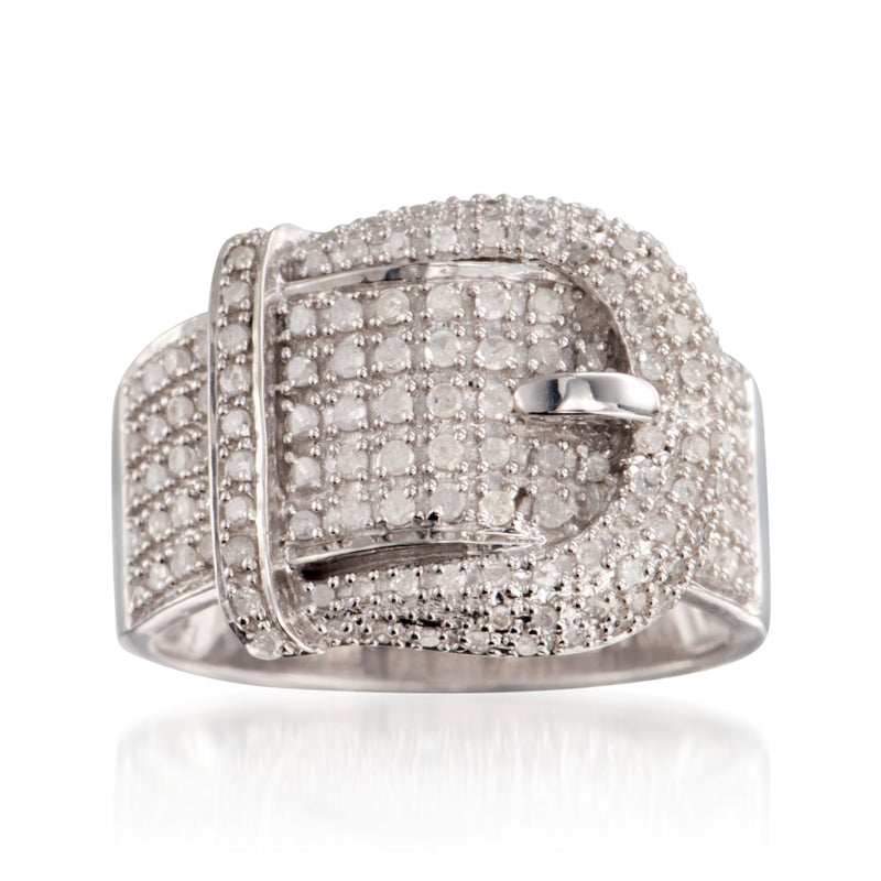 Sterling silver diamond buckle ring with pavé-set diamonds
