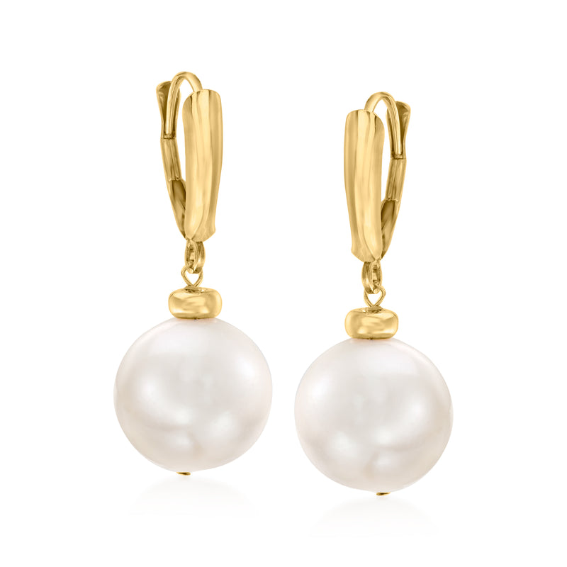 14kt yellow gold leverback pearl drop earrings with round white cultured pearls