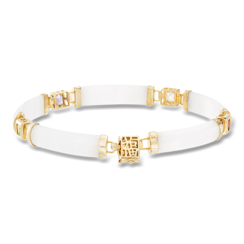 White jade bracelet with 18kt gold square links and multicolor gemstone charm, hinged clasp