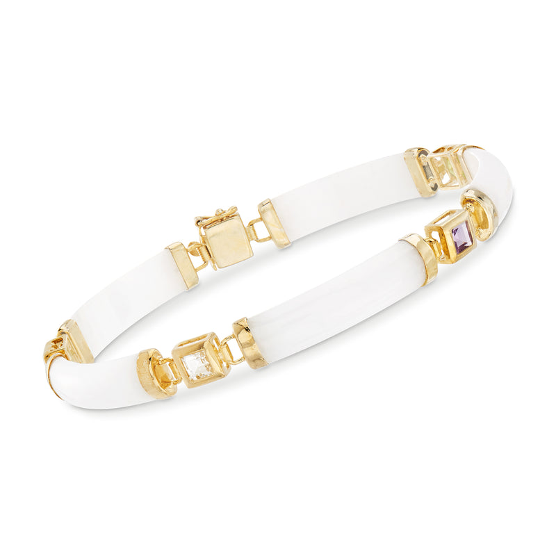 White jade bracelet with gold geometric settings and multicolor gemstone details, side view