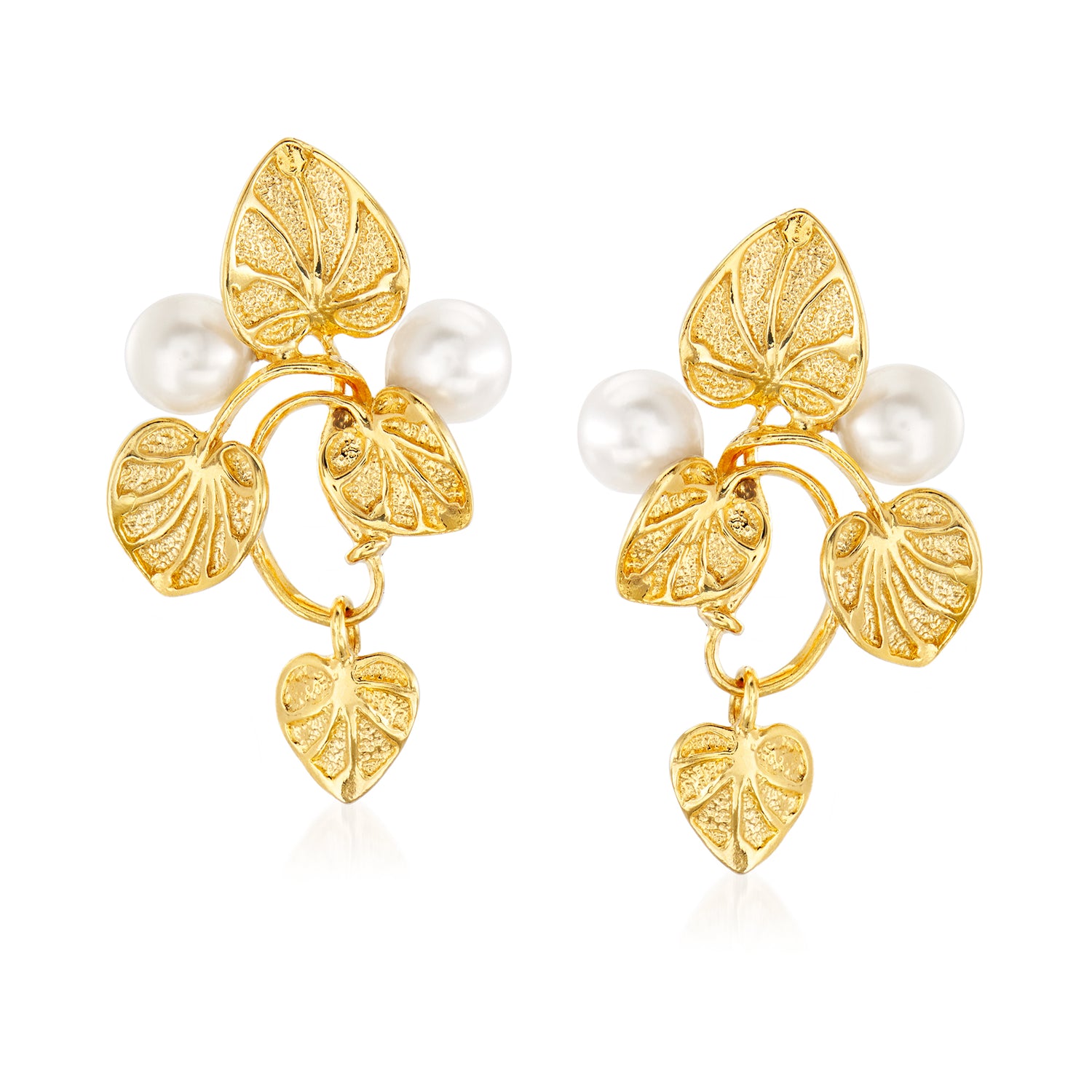Italian 6mm Cultured Pearl Vine Drop Earrings in 18kt Gold Over Sterling