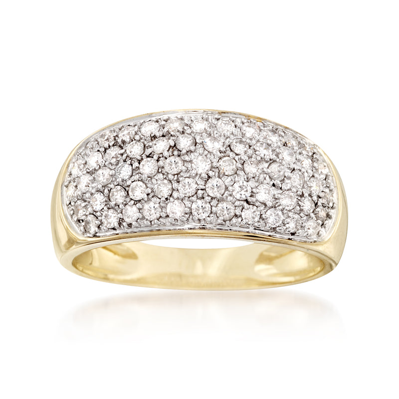 14kt yellow gold pave diamond ring with domed top and round diamond stones