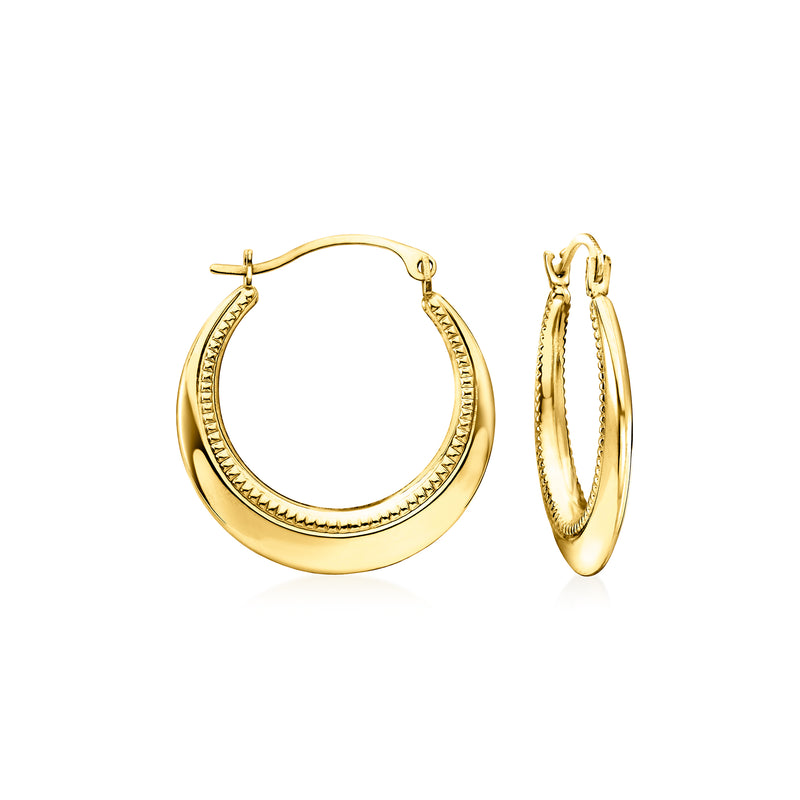 Yellow gold beaded hoop earrings, small hinged hoops with textured perimeter
