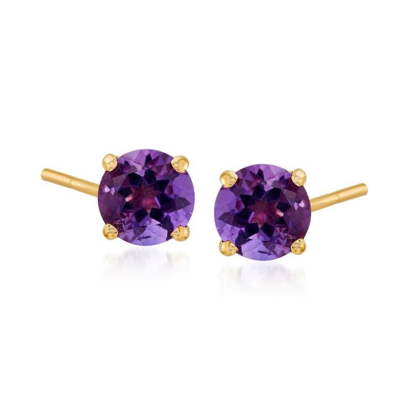 Amethyst stud earrings in 14kt yellow gold, round purple gemstones with gold prongs