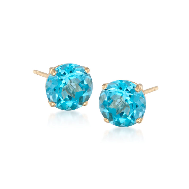 Oval Swiss blue topaz stud earrings in 14kt yellow gold, blue gemstone bezel settings