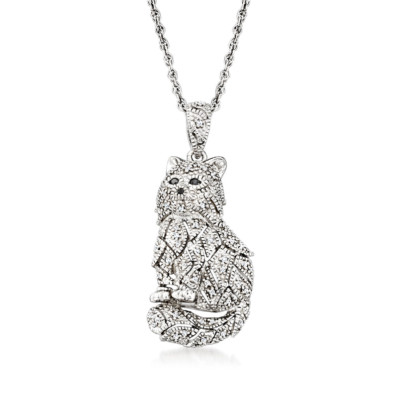 Sterling silver cat pendant necklace with diamond-accented cat charm