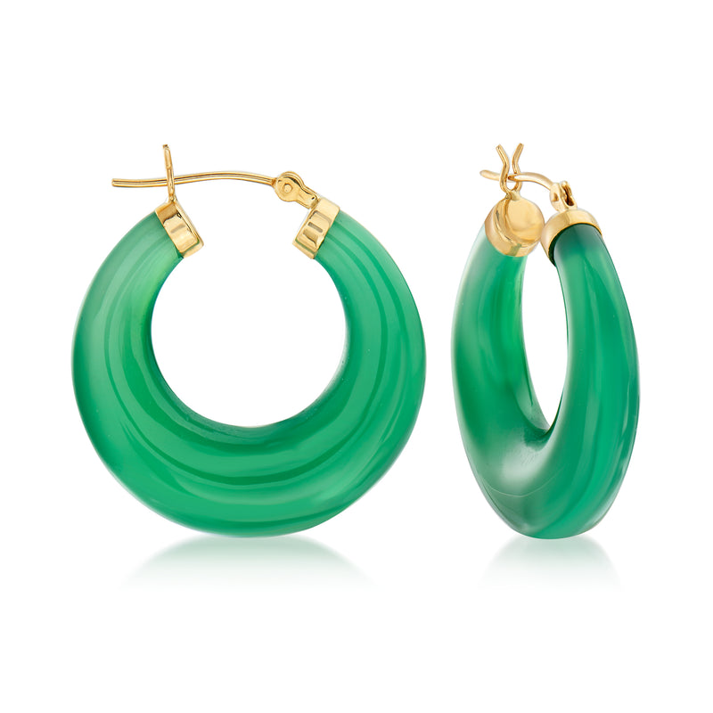 14kt yellow gold hoop earrings with green agate inlay