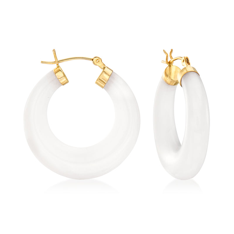 14kt yellow gold hoop earrings with white jade in oval hoop, latch back