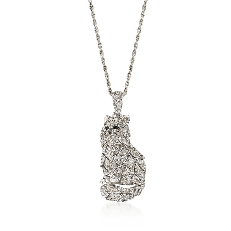 Sterling silver cat pendant necklace with diamond-studded black and white cat design