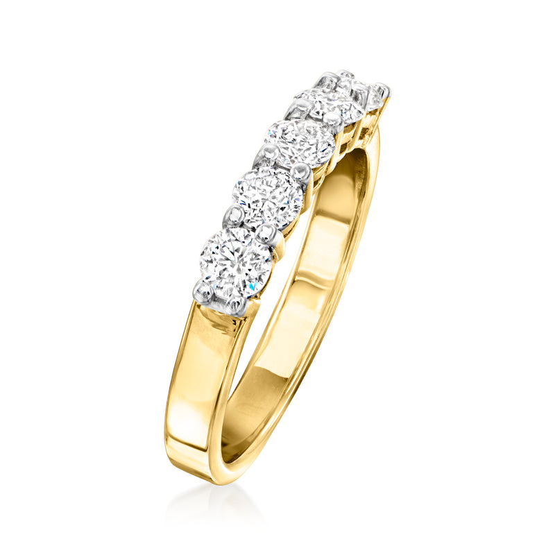 Five-stone diamond ring, side view in 14kt yellow gold with five round prong-set stones