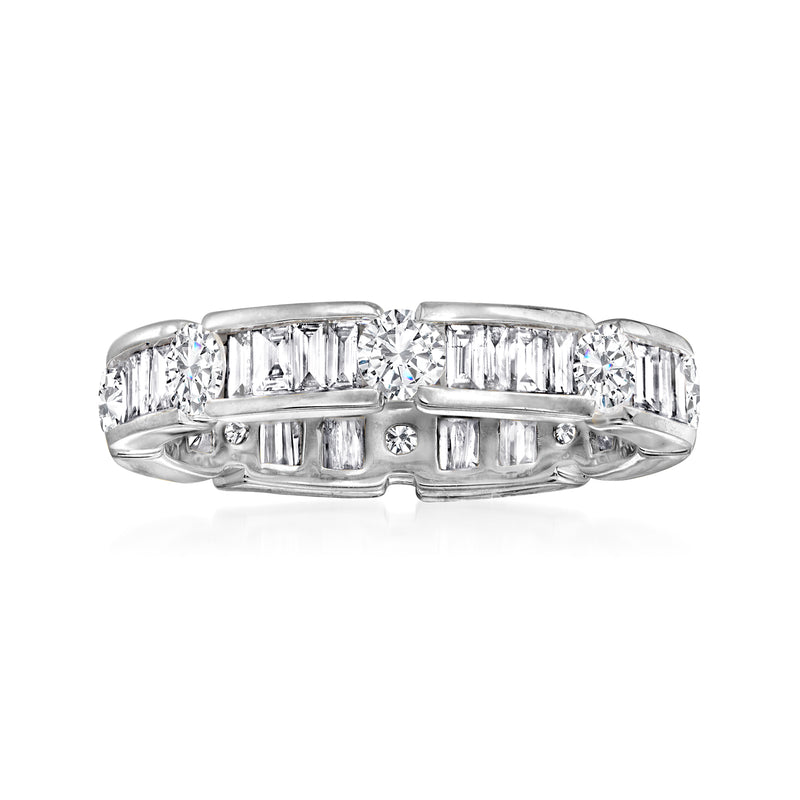 14kt white gold diamond eternity band with baguette and round stones, polished setting
