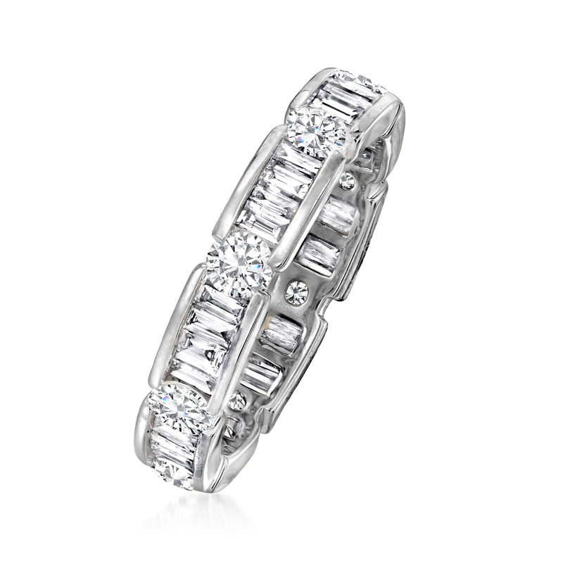 14kt white gold diamond eternity band angled view, baguette-cut and round diamonds