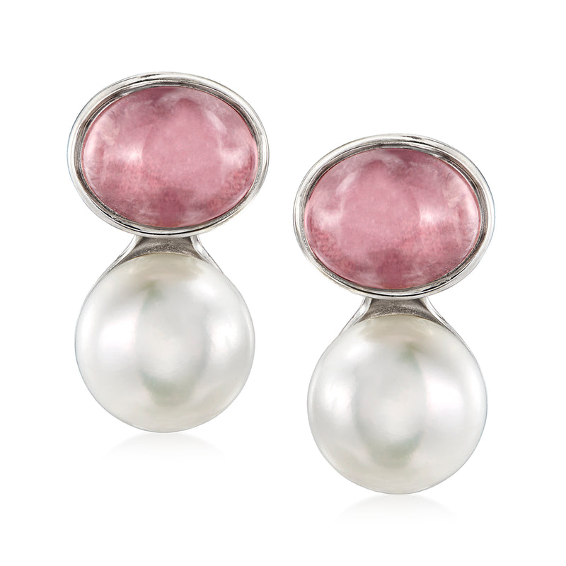 Sterling silver earrings with rose quartz oval tops and white cultured pearl drops