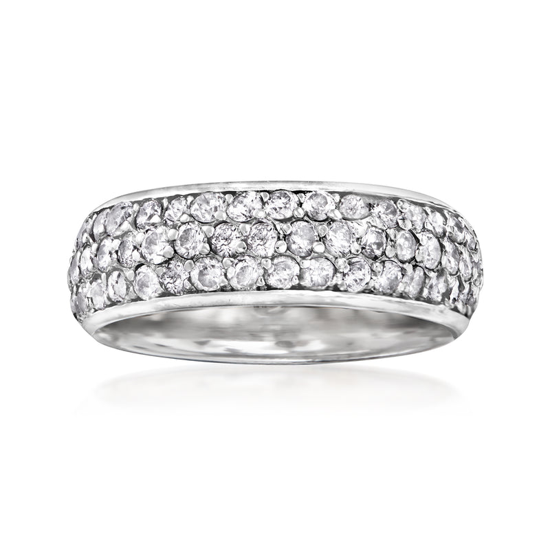 14kt white gold three-row diamond eternity band with round stones, polished, curved profile