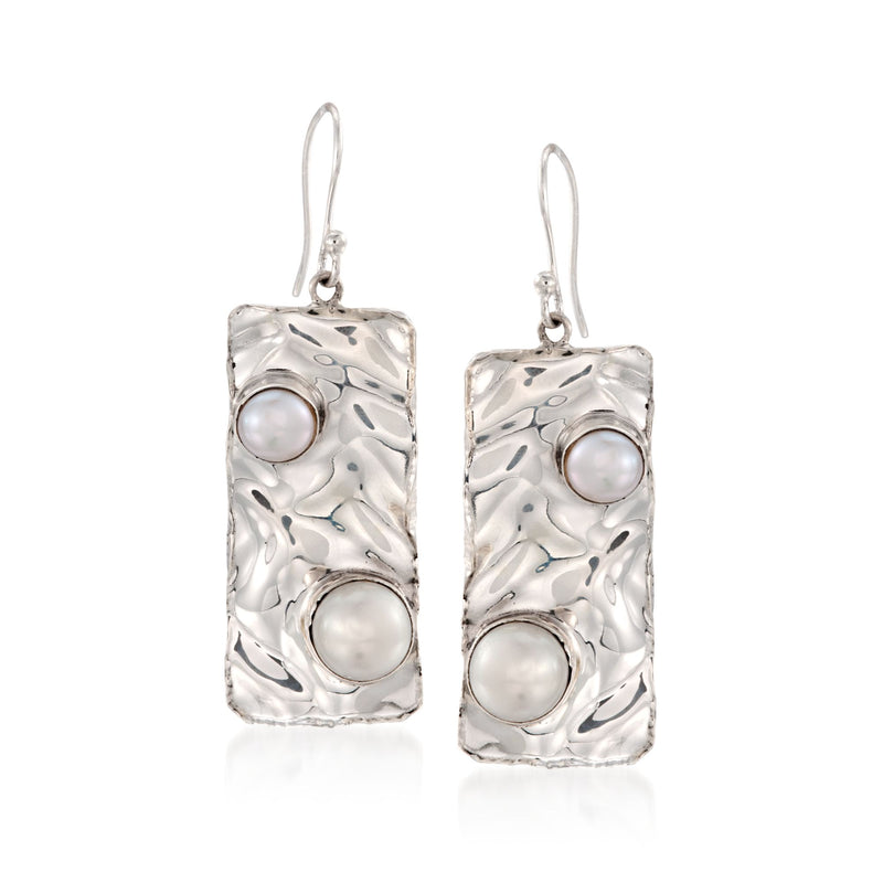 Sterling silver hammered rectangular drop earrings with 3 white cultured pearls