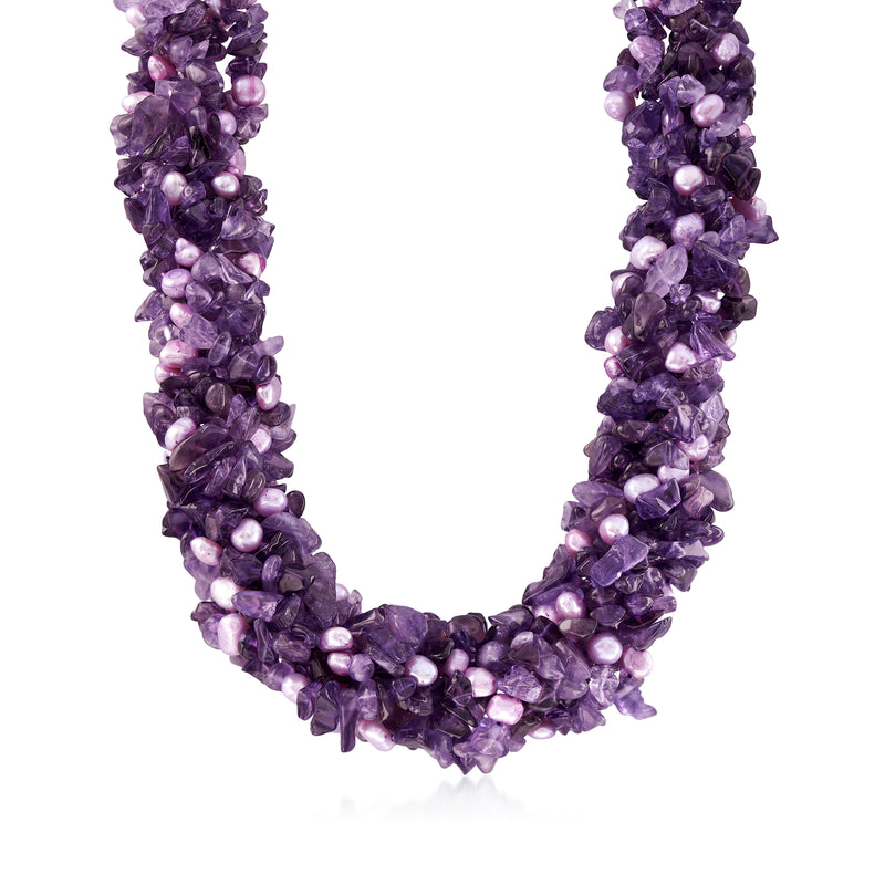 Purple bead and cultured pearl torsade necklace on sterling silver clasp