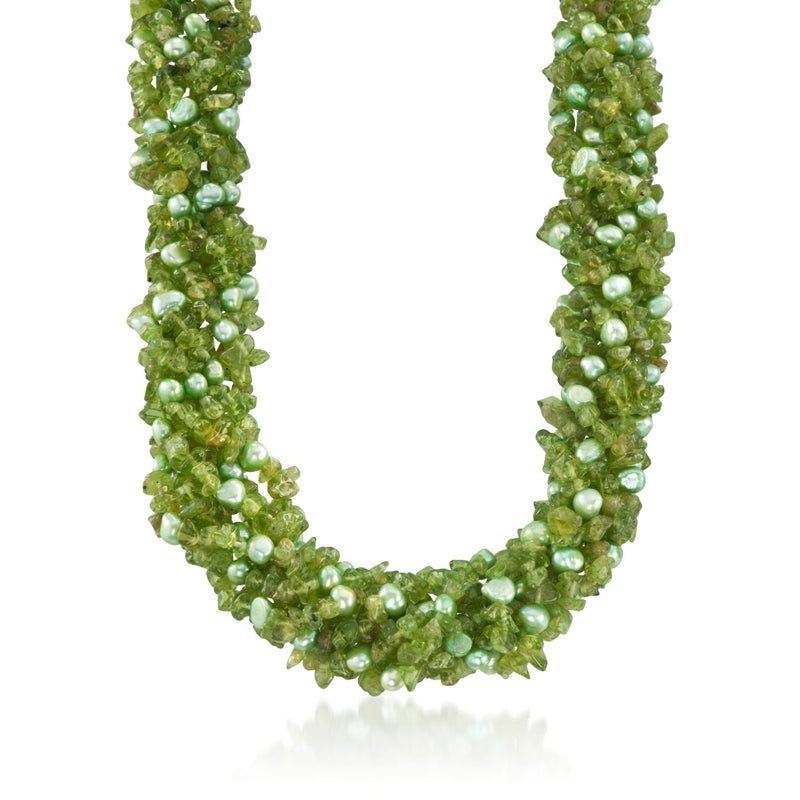 Green cultured pearl and peridot torsade necklace with sterling silver, green bead strands