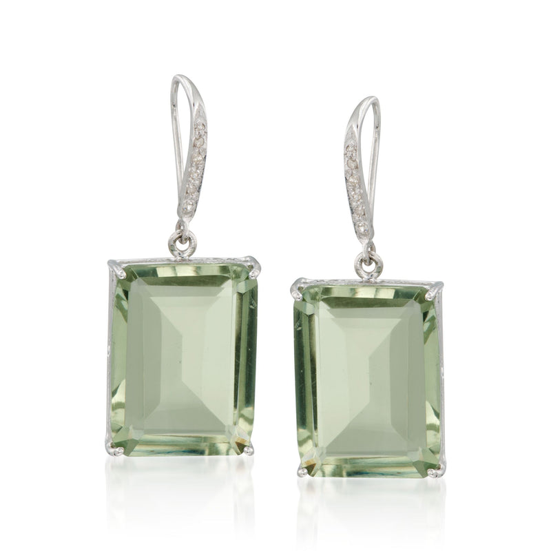 Sterling silver drop earrings with square prasiolite-style gemstone and small diamond accents