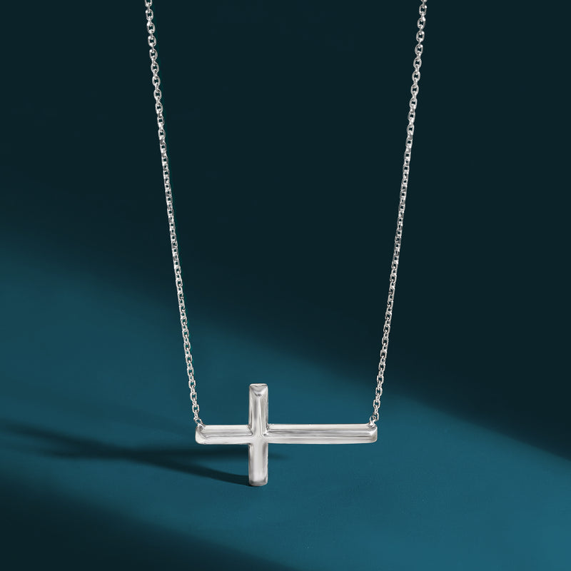 Sterling silver sideways cross pendant necklace, polished horizontal cross on chain